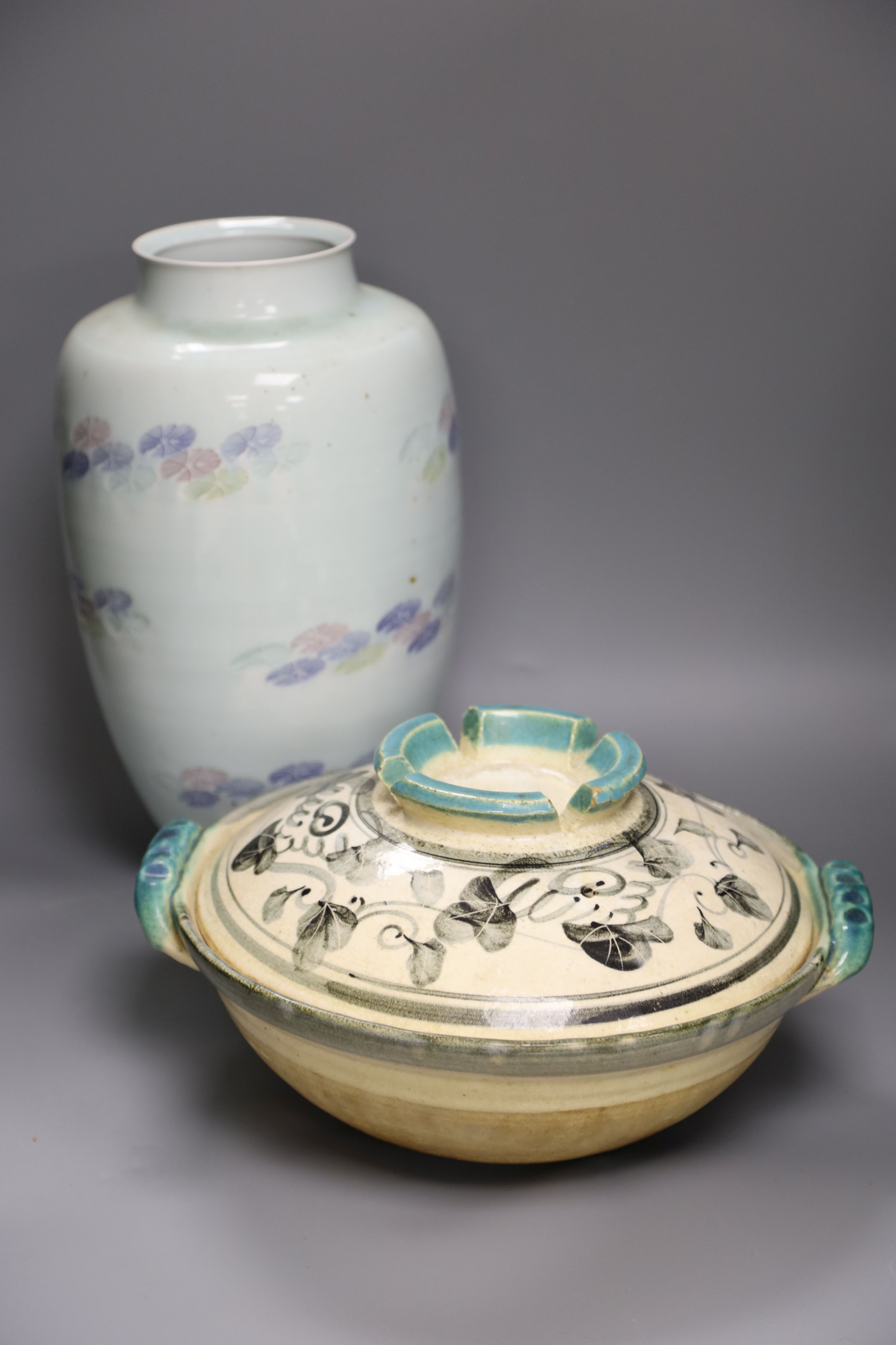 A Japanese pottery vase, height 37cm, and a bowl and cover